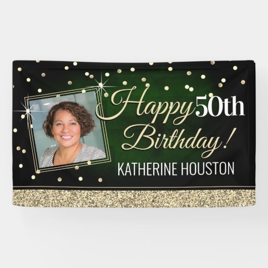 Glittery Green en Gold Happy Birthday-banner Spandoek (Horizontaal)