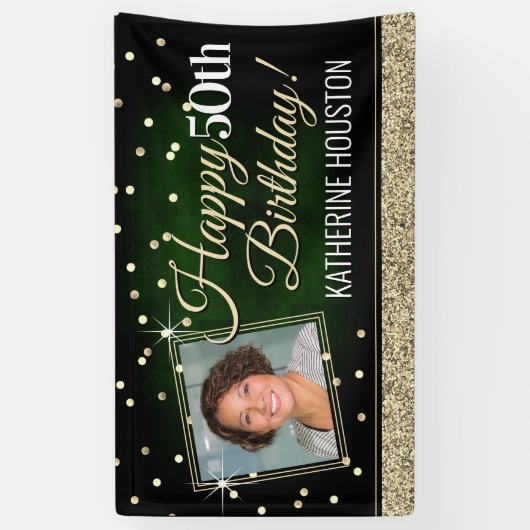 Glittery Green en Gold Happy Birthday-banner Spandoek (Verticaal)