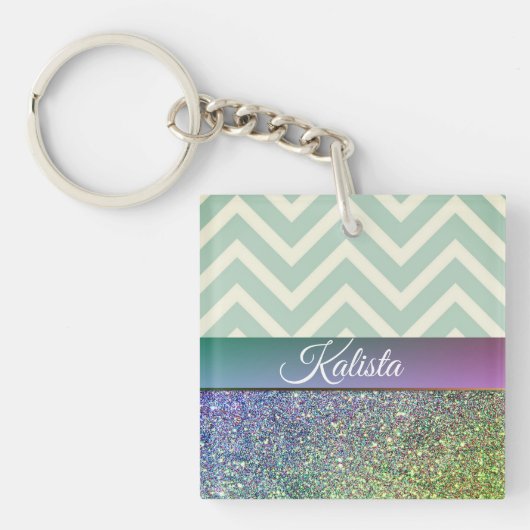 Glittery Green en Paarse Chevron Sleutelhanger (voorkant)