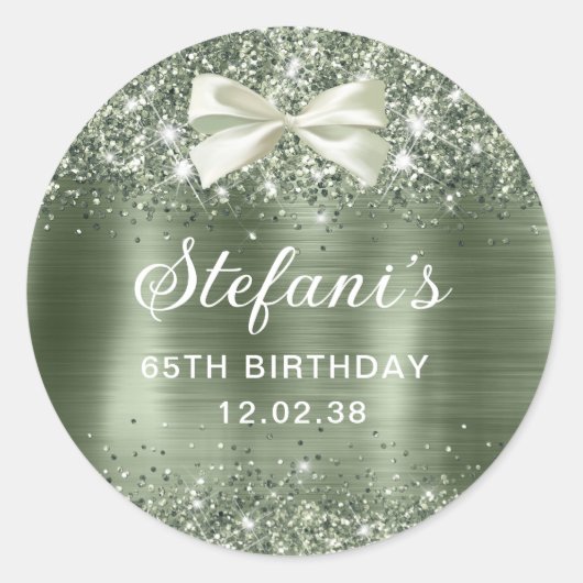 Glittery Green Sage Folie 65th Birthday Classic Ronde Sticker (Voorkant)