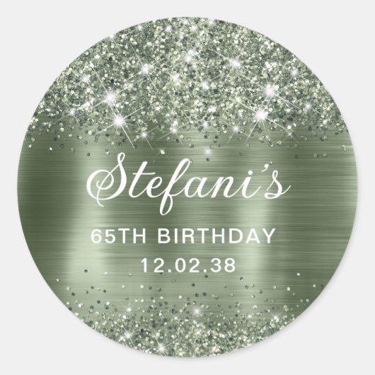 Glittery Green Sage Folie 65th Birthday Classic Ronde Sticker (Voorkant)