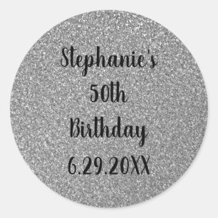 Glittery Grey Silver Happy Birthday - Aangepaste n Ronde Sticker