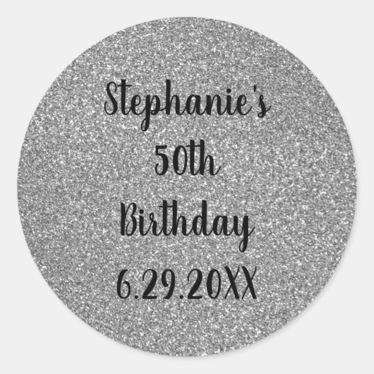 Glittery Grey Silver Happy Birthday Name Aangepast Ronde Sticker (Voorkant)