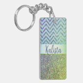 Glittery Groene en Paarse Chevron Gepersonaliseerd Sleutelhanger (Voorkant Links)