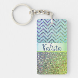 Glittery Groene en Paarse Chevron Gepersonaliseerd Sleutelhanger