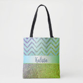 Glittery Groene en Paarse Chevron Gepersonaliseerd Tote Bag (Voorkant)