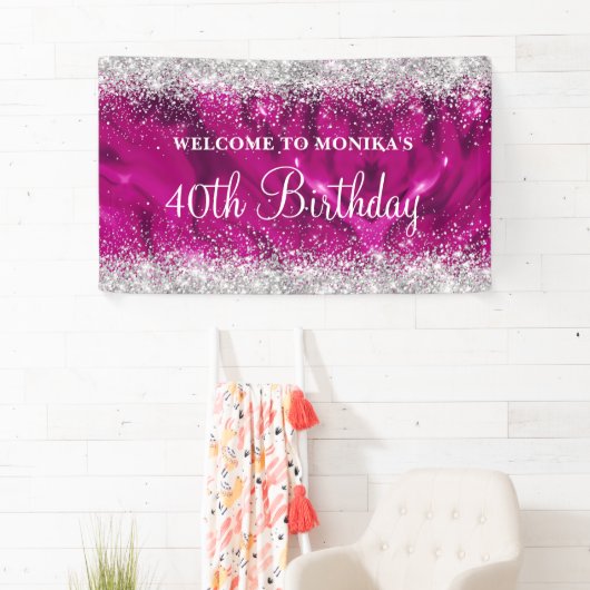 Glittery Heet Roze Zilver 40ste Verjaardag Welkom Spandoek (Insitu)