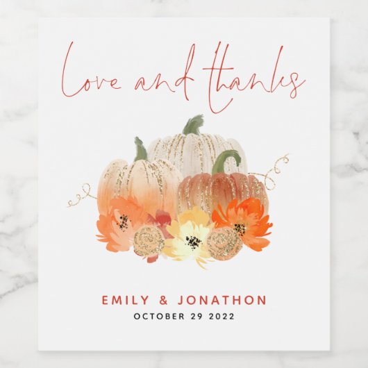 Glittery Herfst Pumpkins Floral Wedding Love Bedan Wijn Etiket (Enkel label)