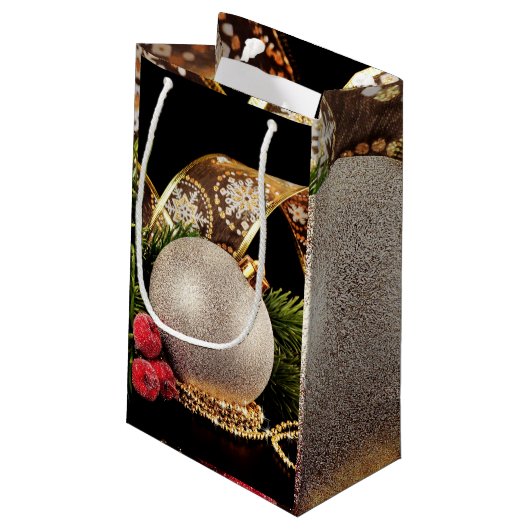 Glittery Holiday Gold Ribbons Silver Ball Gift Bag Klein Cadeauzakje (Achterkant Gekanteld)