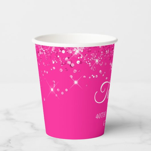 Glittery Hot Pink 40th Verjaardag Papieren Bekers (Voorkant)