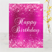Glittery Hot Pink Folie Big Happy Birthday Kaart (Gele Bloem)