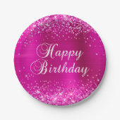 Glittery Hot Pink Folie Happy Birthday Papieren Bordje (Voorkant)