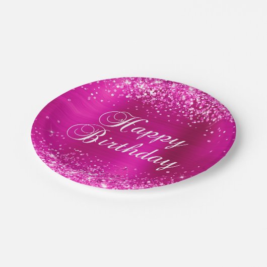 Glittery Hot Pink Folie Happy Birthday Papieren Bordje (Gekanteld)