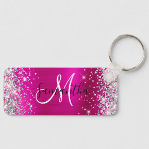 Glittery Hot Pink Folie Monogram Skinny Horizontal Sleutelhanger