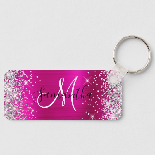 Glittery Hot Pink Folie Monogram Skinny Horizontal Sleutelhanger (Voorkant)