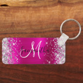 Glittery Hot Pink Folie Monogram Skinny Horizontal Sleutelhanger (Voorkant)