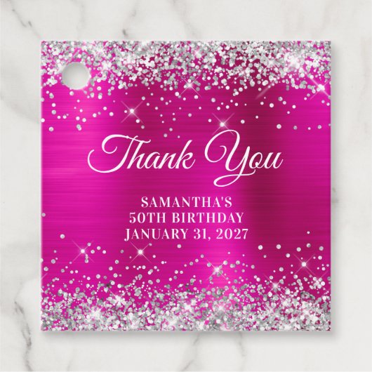 Glittery Hot Pink Monogram 50e verjaardag Dank u Bedankjes Labels (Voorkant)