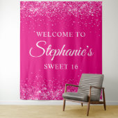 Glittery Hot Pink Sweet 16 Verjaardag Welkom Wandkleed (In situ)