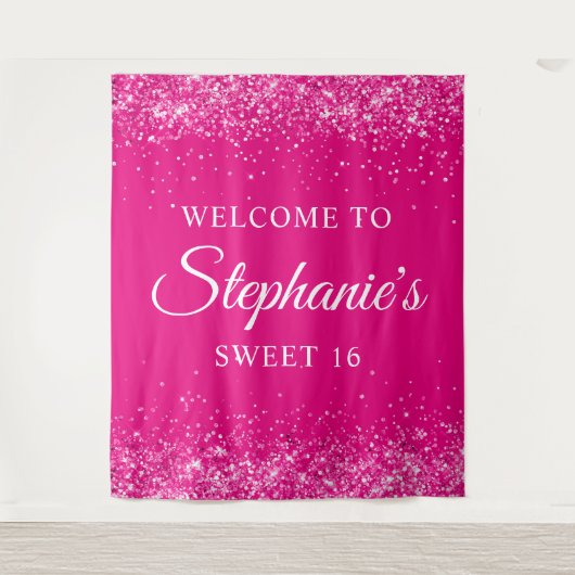 Glittery Hot Pink Sweet 16 Verjaardag Welkom Wandkleed (Voorkant)