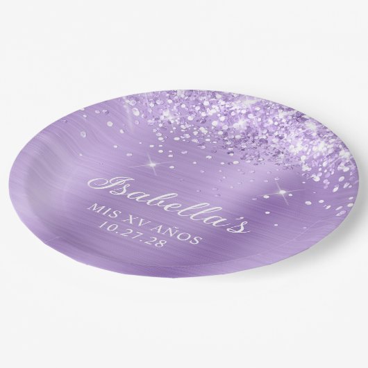 Glittery Lavendel Folie Mis XV Años Papieren Bordje (Gekanteld)