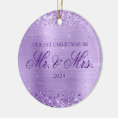 Glittery Lavendel Folie Onze 1e Kerstfoto Keramisch Ornament (Links)