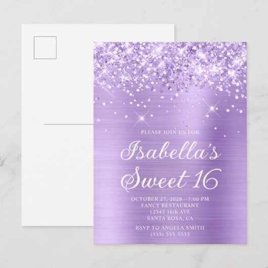 Glittery Lavendel Folie Sweet 16 Foto Uitnodiging Briefkaart (Voorkant / Achterkant)