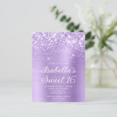 Glittery Lavendel Folie Sweet 16 Foto Uitnodiging Briefkaart (Staand voorkant)