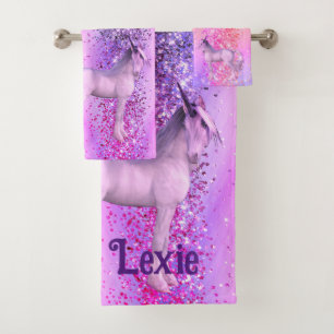 Glittery Lavendel Roze Eenhoorn Gepersonaliseerd Bad Handdoek