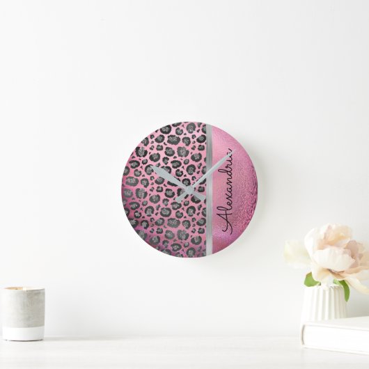 Glittery Leopard Print op Glansy Hot Pink  Ronde Klok (Huis)