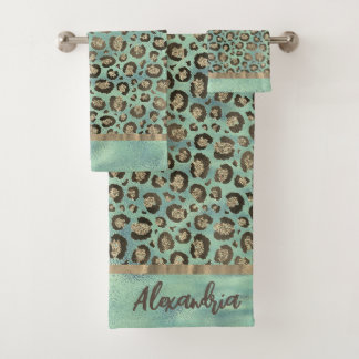 Glittery Leopard Print op Glossy Green Bad Handdoek