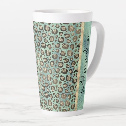 Glittery Leopard Print op Glossy Green Latte Mok (Rechterhoek)