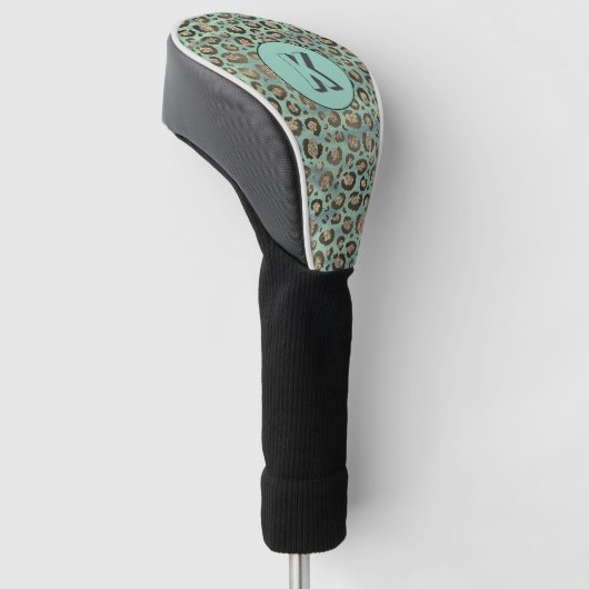Glittery Leopard Print op Glossy Green Monogram Golfheadcover (Schuin)