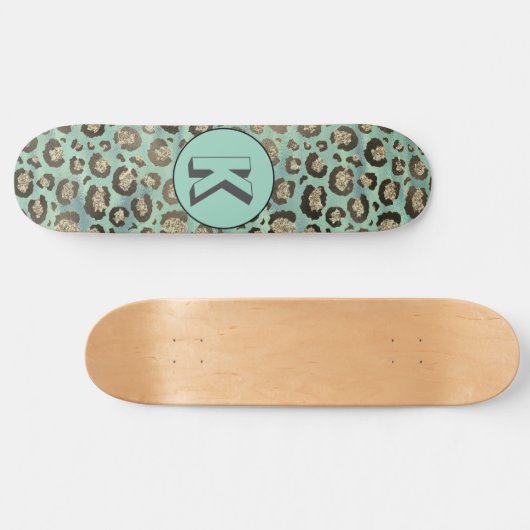 Glittery Leopard Print op Glossy Green Monogram Persoonlijk Skateboard (Horizontaal)