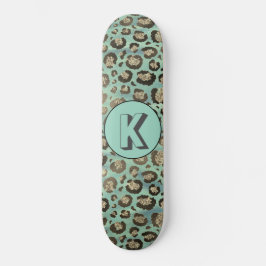 Glittery Leopard Print op Glossy Green Monogram Persoonlijk Skateboard