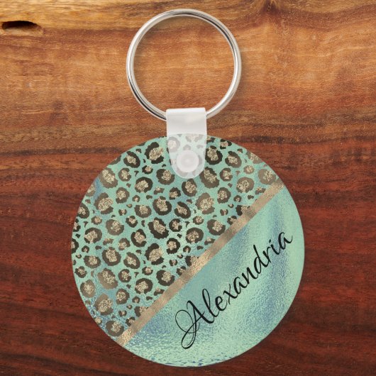 Glittery Leopard Print op Glossy Green Sleutelhanger (Achterkant)