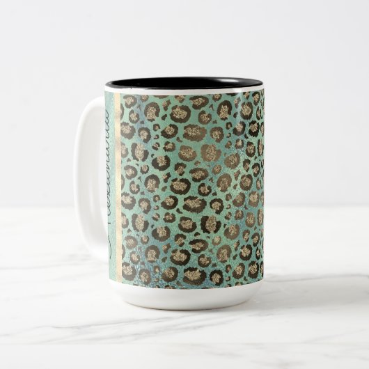 Glittery Leopard Print op Glossy Green Tweekleurige Koffiemok (Voorkant links)