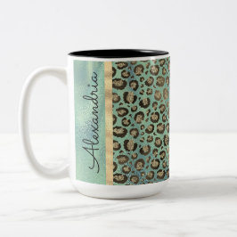 Glittery Leopard Print op Glossy Green Tweekleurige Koffiemok