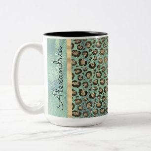 Glittery Leopard Print op Glossy Green Tweekleurige Koffiemok