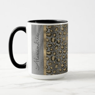 Glittery Leopard Print op Glossy Grey  Mok