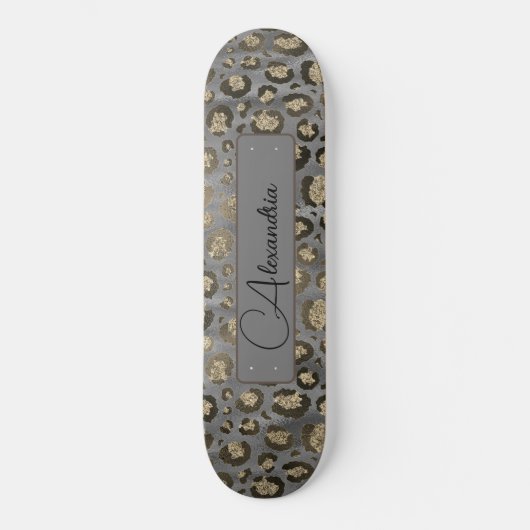 Glittery Leopard Print op Glossy Grey Persoonlijk Persoonlijk Skateboard (Voorkant)