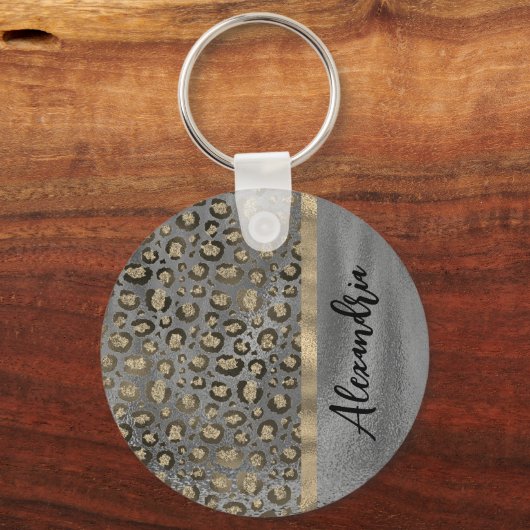 Glittery Leopard Print op Glossy Grey Sleutelhanger (Achterkant)