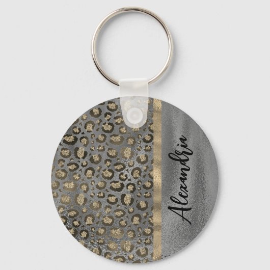 Glittery Leopard Print op Glossy Grey Sleutelhanger (Voorkant)