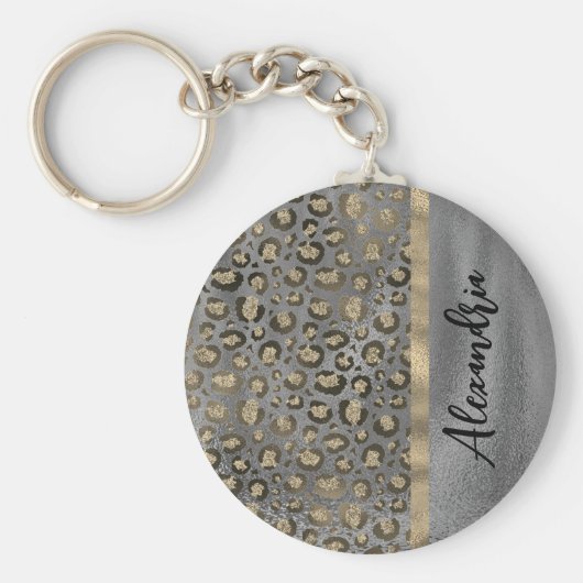 Glittery Leopard Print op Glossy Grey Sleutelhanger (Voorkant)