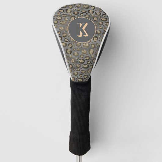 Glittery Leopard Print op Glossy Grijs Monogram Golfheadcover (Voorkant)