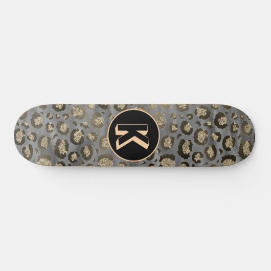 Glittery Leopard Print op Glossy Grijs Monogram Persoonlijk Skateboard (Horizontaal)