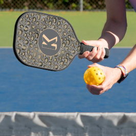 Glittery Leopard Print op Glossy Grijs Monogram Pickleball Paddle