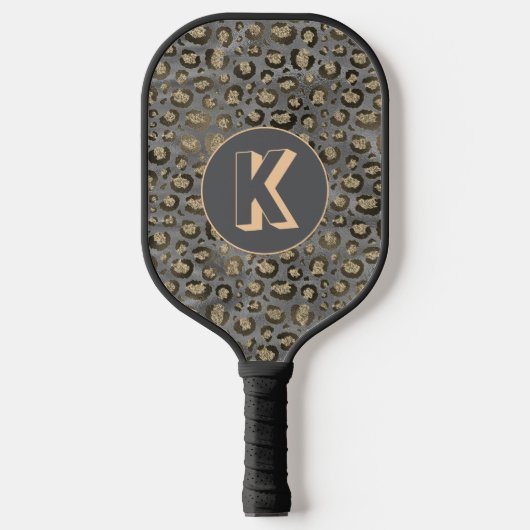 Glittery Leopard Print op Glossy Grijs Monogram Pickleball Paddle (Voorkant)