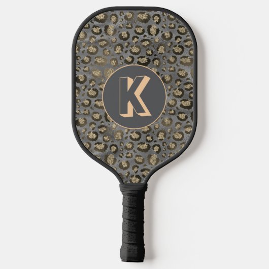 Glittery Leopard Print op Glossy Grijs Monogram Pickleball Paddle (Achterkant)