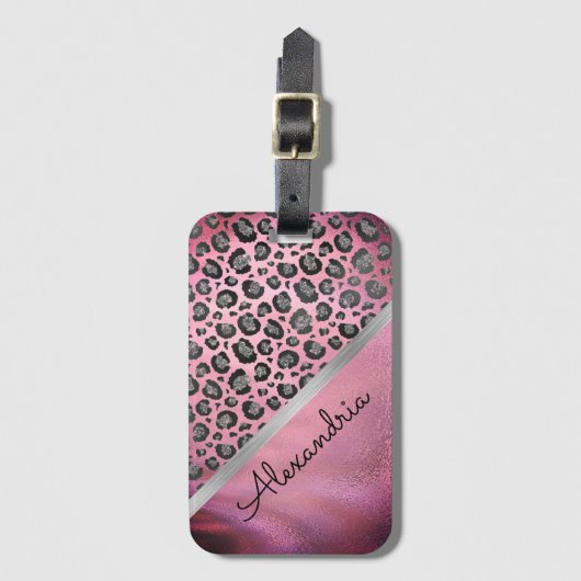 Glittery Leopard Print op Glossy Hot Pink   Bagagelabel (Voorkant (verticaal))