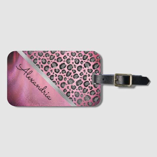 Glittery Leopard Print op Glossy Hot Pink   Bagagelabel (Voorkant (horizontaal))
